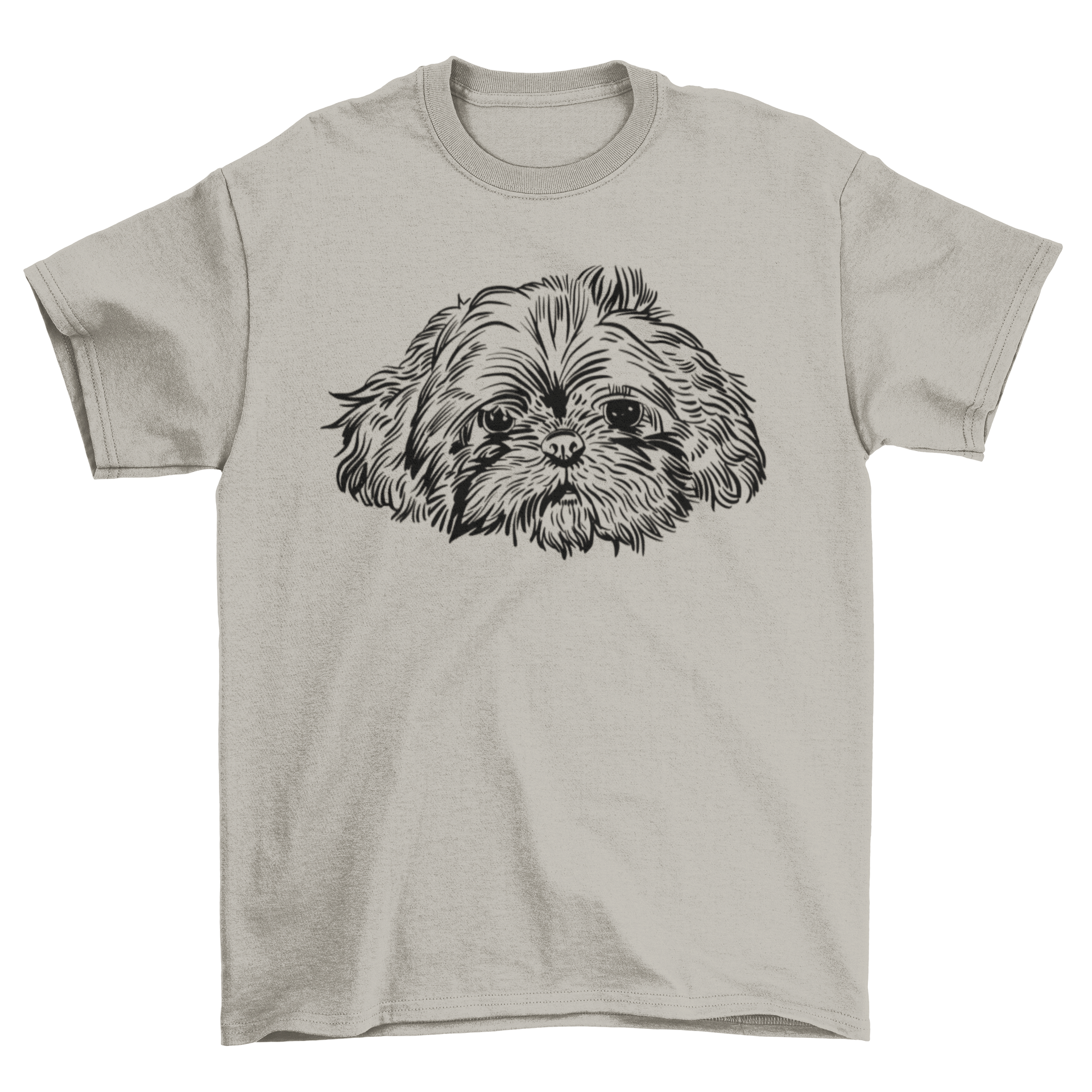 Hand drawn t-shirt featuring a cute shih tzu dog face design, perfect for dog lovers.