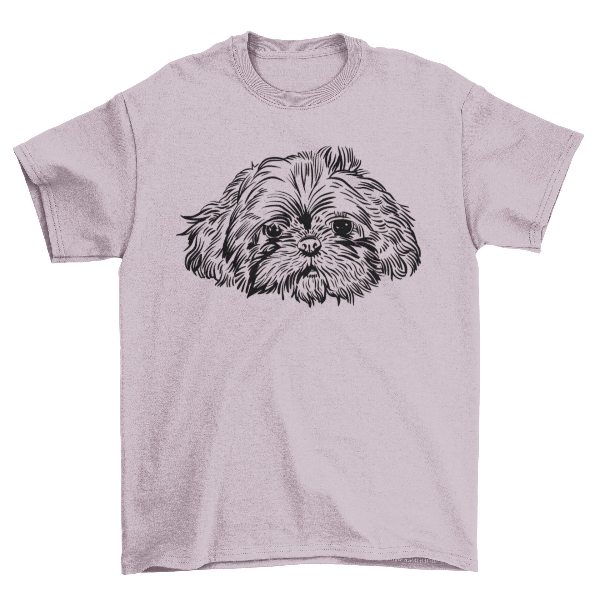Hand drawn t-shirt featuring a cute shih tzu dog face design, perfect for dog lovers.