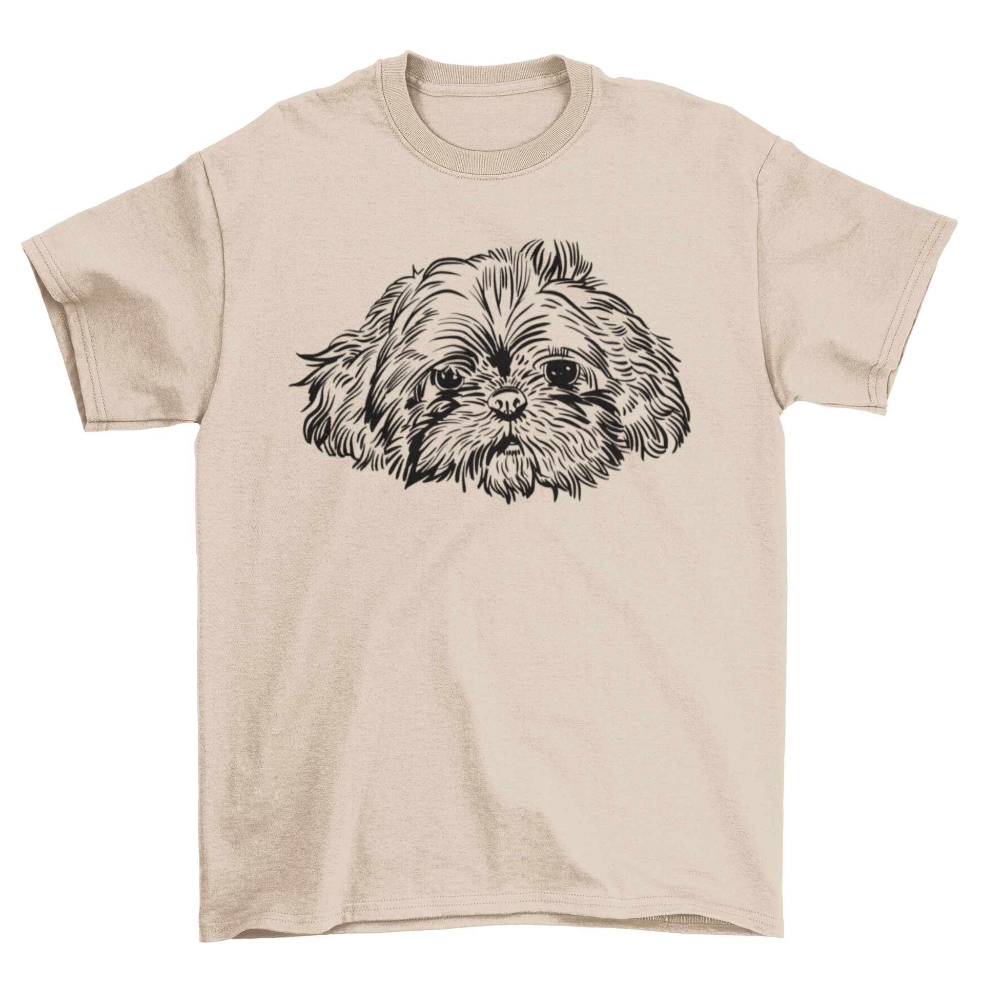 Hand drawn t-shirt featuring a cute shih tzu dog face design, perfect for dog lovers.