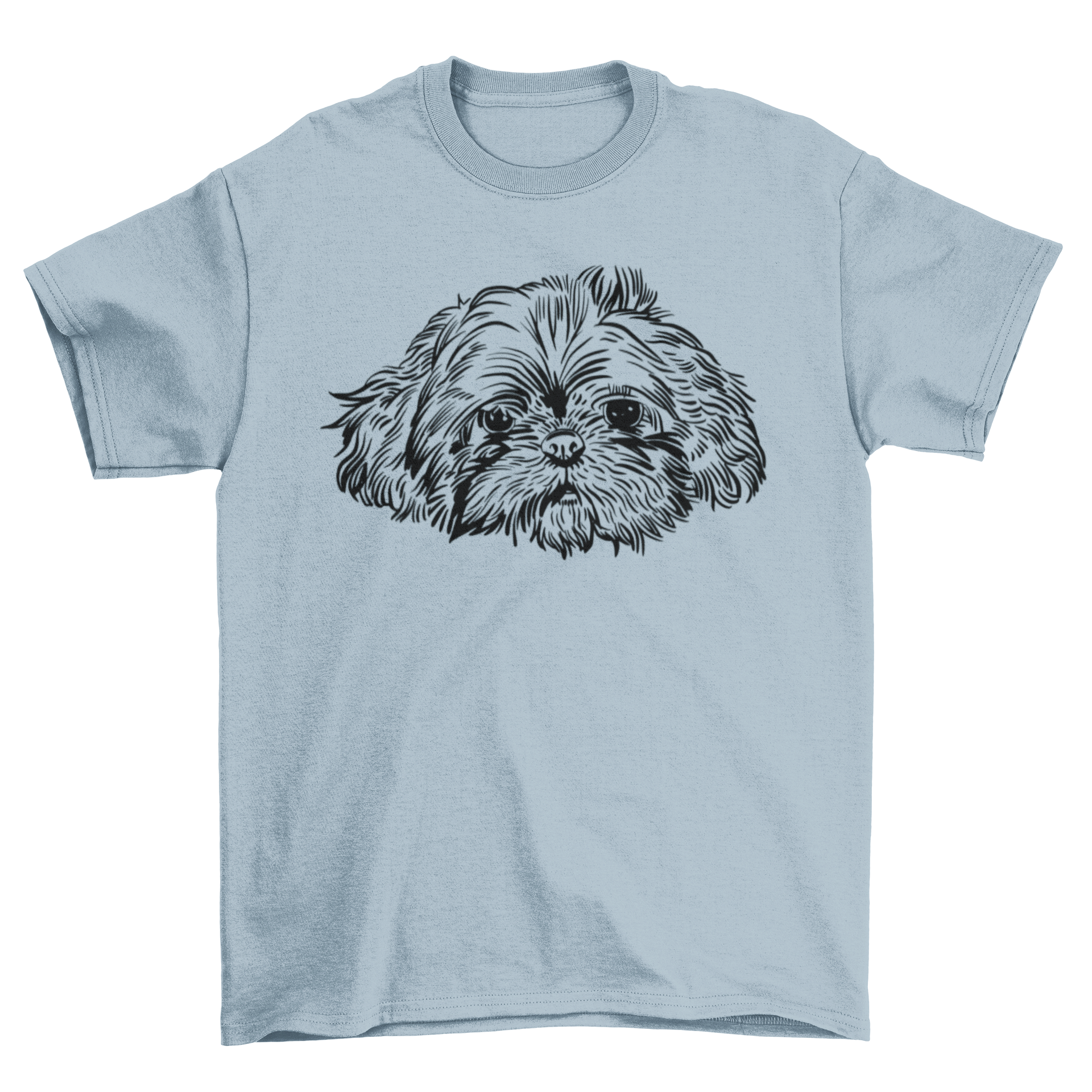 Hand drawn t-shirt featuring a cute shih tzu dog face design, perfect for dog lovers.