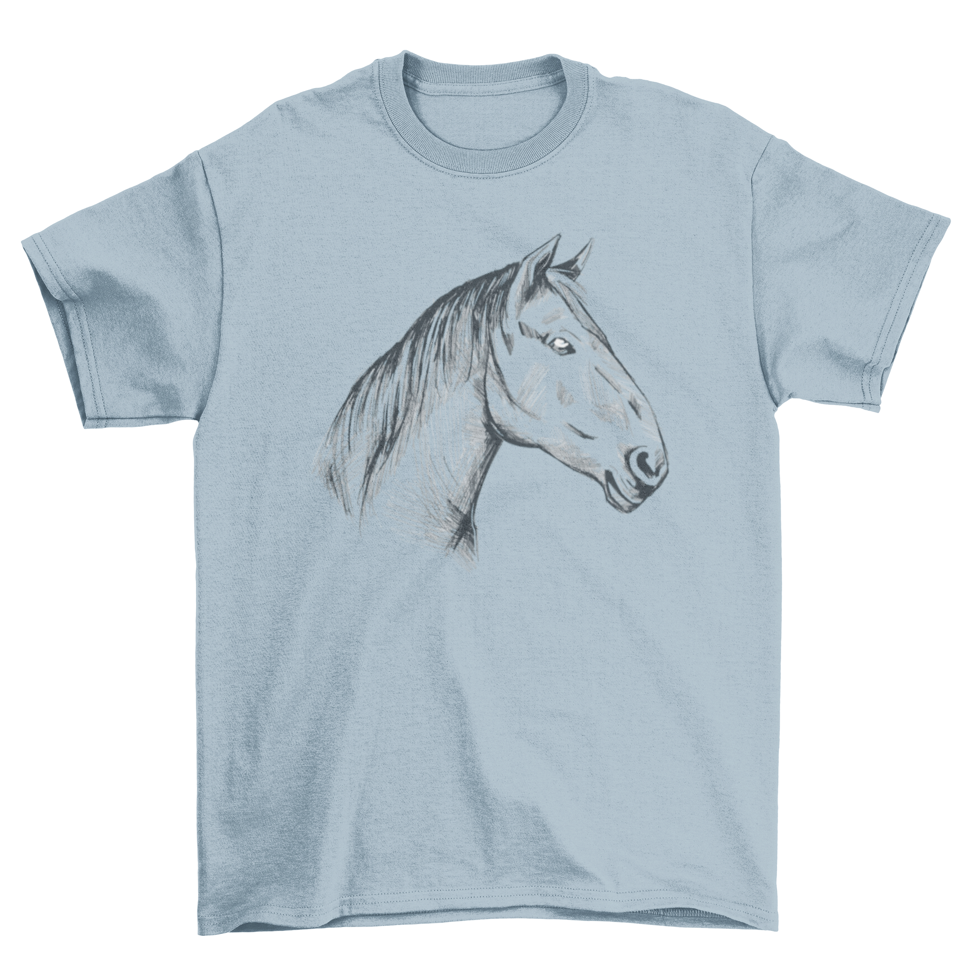 A stylish hand drawn t-shirt featuring an intricate illustration of a horse head, perfect for horse lovers.