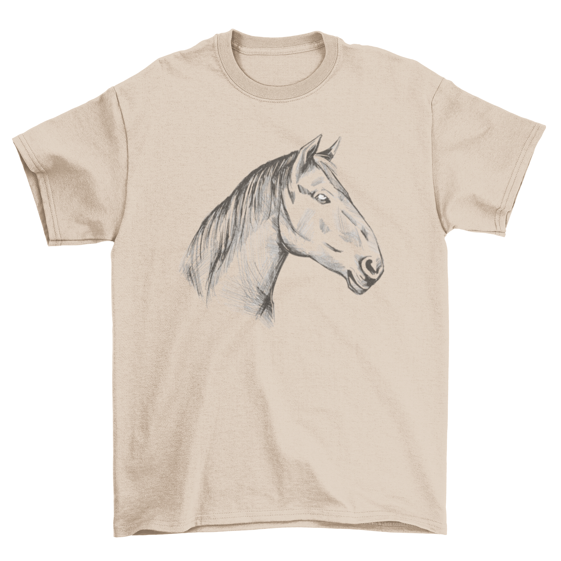 A stylish hand drawn t-shirt featuring an intricate illustration of a horse head, perfect for horse lovers.