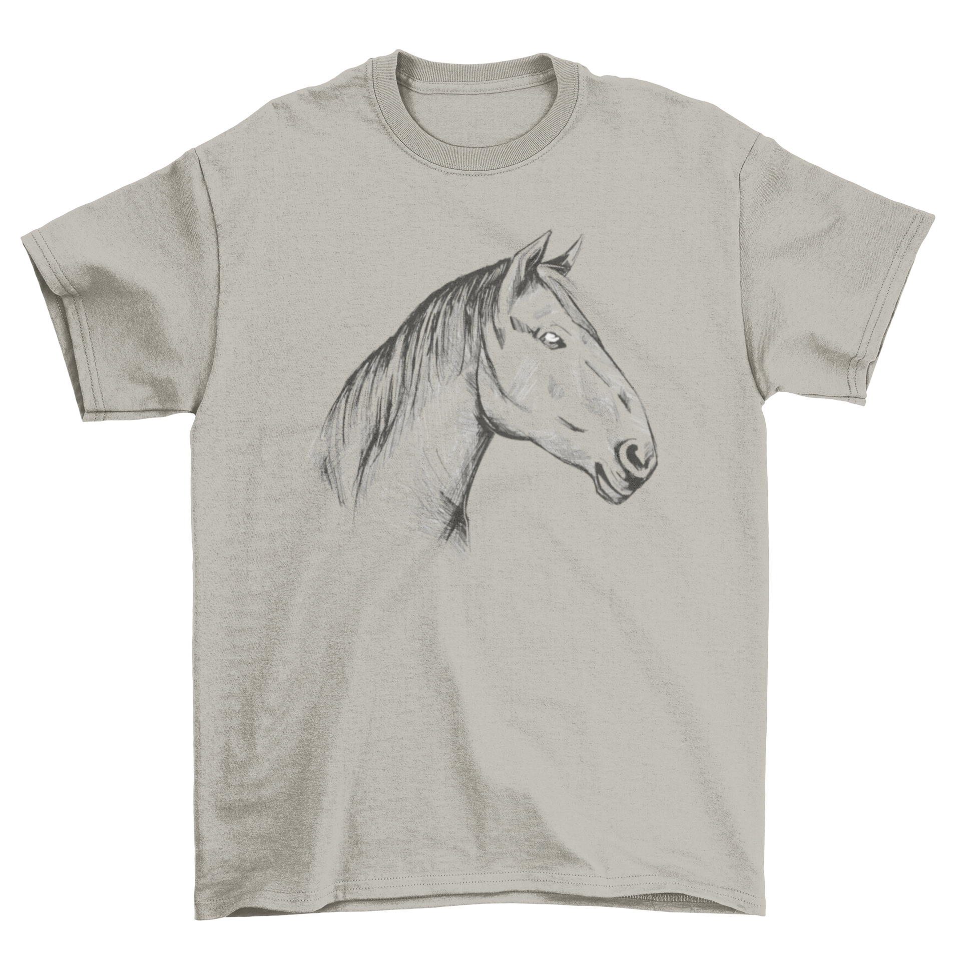 A stylish hand drawn t-shirt featuring an intricate illustration of a horse head, perfect for horse lovers.