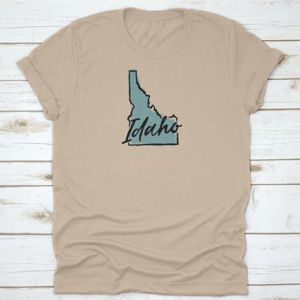 Hand Drawn Idaho City State Travel Destination Shirt showcasing a unique design, made from soft cotton fabric.