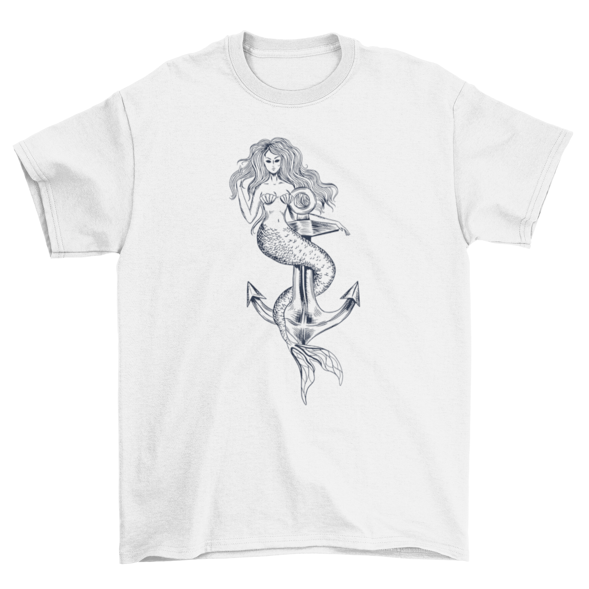 A stylish hand drawn mermaid t-shirt featuring a beautiful mermaid illustration intertwined with an anchor design.