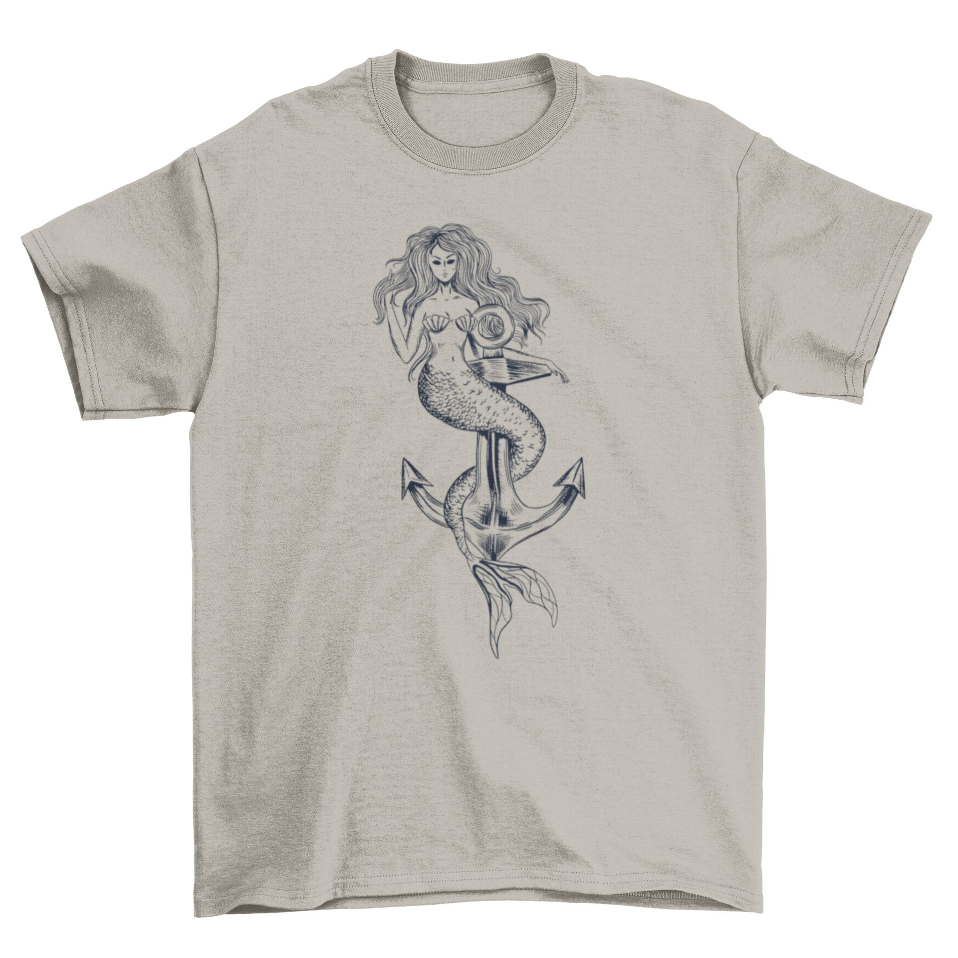 A stylish hand drawn mermaid t-shirt featuring a beautiful mermaid illustration intertwined with an anchor design.