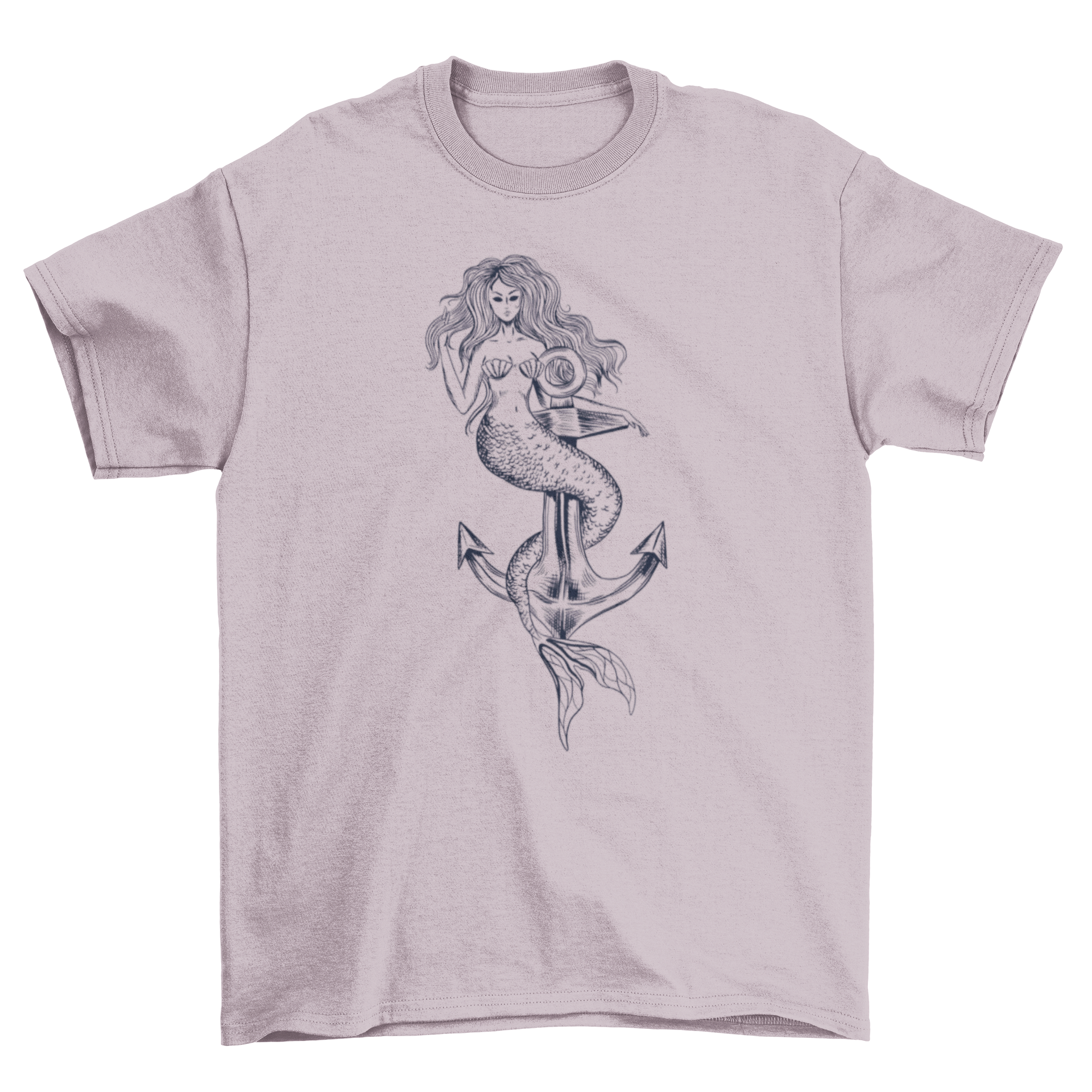 A stylish hand drawn mermaid t-shirt featuring a beautiful mermaid illustration intertwined with an anchor design.