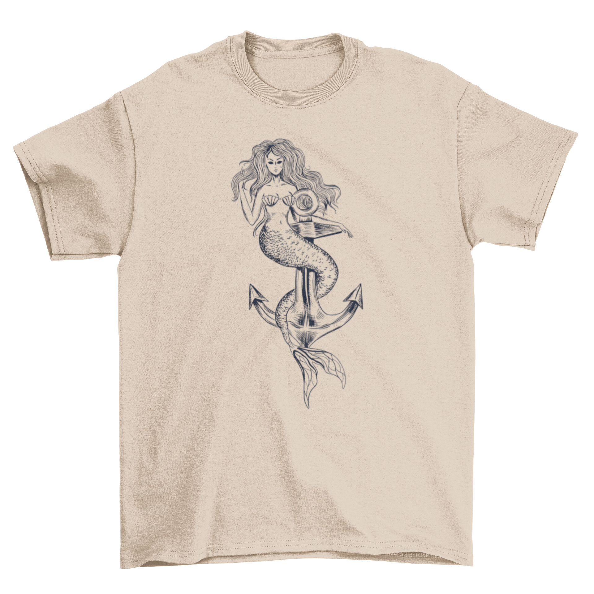 A stylish hand drawn mermaid t-shirt featuring a beautiful mermaid illustration intertwined with an anchor design.