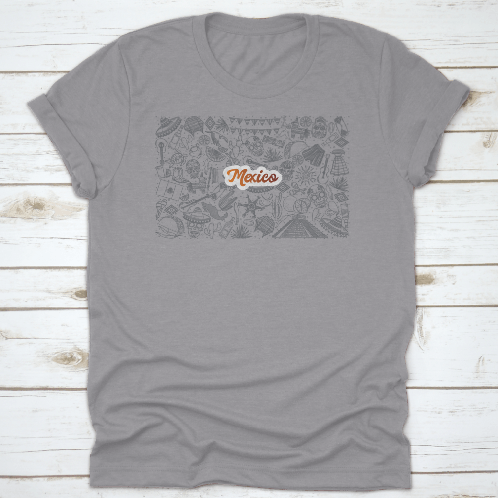 Hand Drawn Mexico Doodle Set Shirt featuring vibrant orange lettering on a soft cotton fabric, perfect for casual wear.