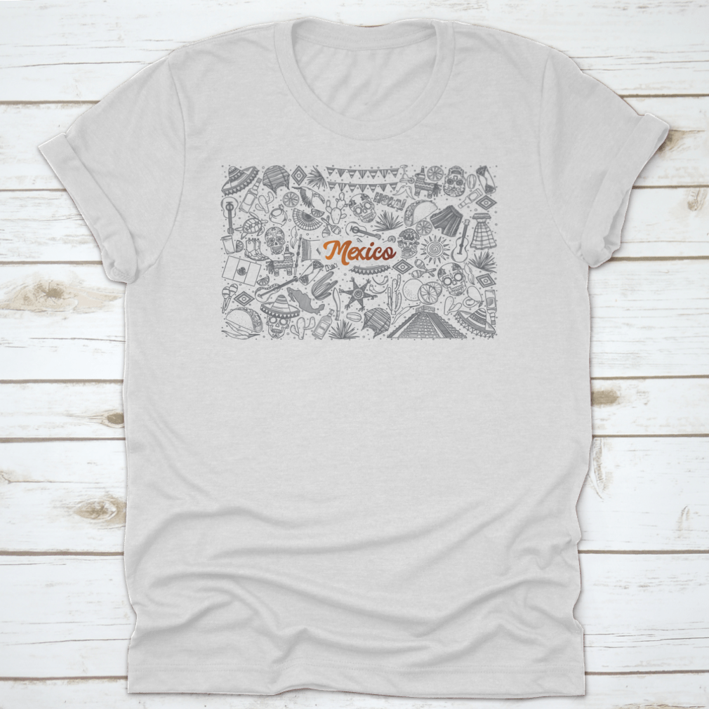 Hand Drawn Mexico Doodle Set Shirt featuring vibrant orange lettering on a soft cotton fabric, perfect for casual wear.