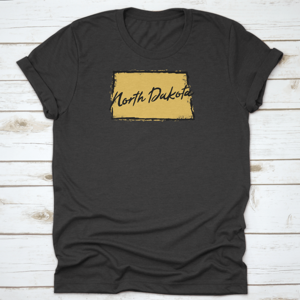 Hand drawn North Dakota state design t-shirt showcasing scenic landscapes, made from 100% cotton for comfort.