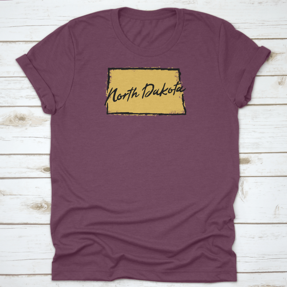 Hand drawn North Dakota state design t-shirt showcasing scenic landscapes, made from 100% cotton for comfort.