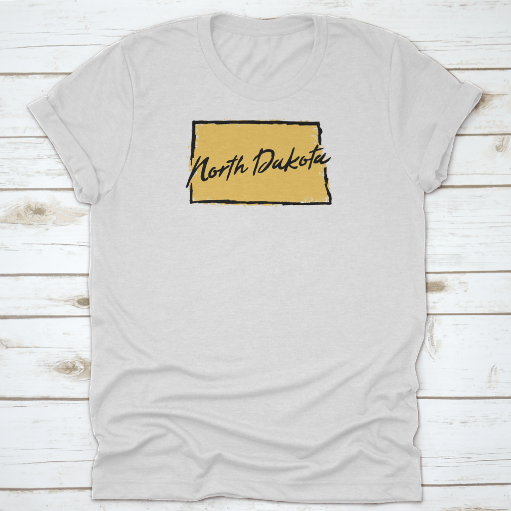 Hand drawn North Dakota state design t-shirt showcasing scenic landscapes, made from 100% cotton for comfort.