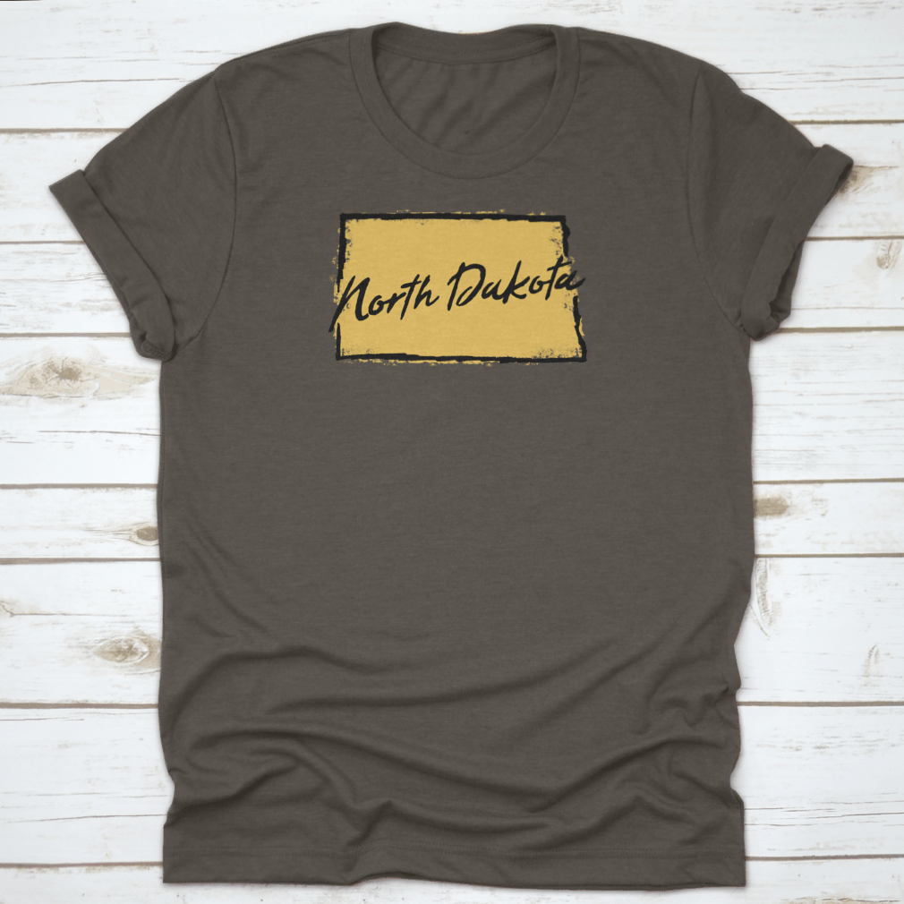 Hand drawn North Dakota state design t-shirt showcasing scenic landscapes, made from 100% cotton for comfort.