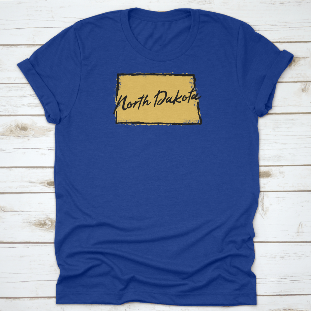 Hand drawn North Dakota state design t-shirt showcasing scenic landscapes, made from 100% cotton for comfort.