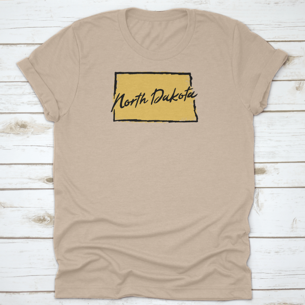 Hand drawn North Dakota state design t-shirt showcasing scenic landscapes, made from 100% cotton for comfort.