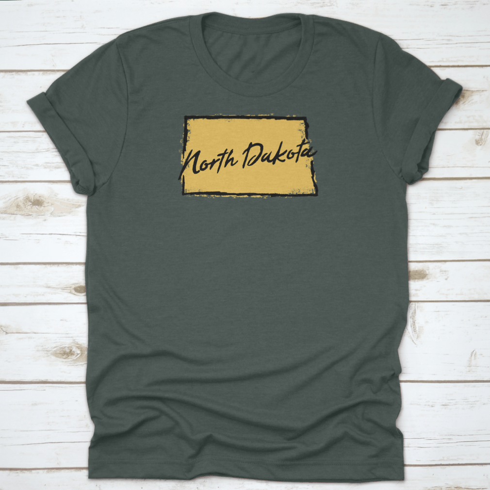 Hand drawn North Dakota state design t-shirt showcasing scenic landscapes, made from 100% cotton for comfort.