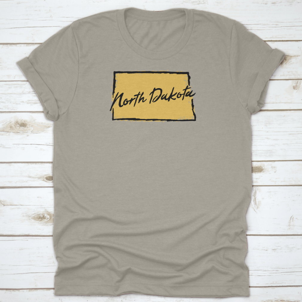 Hand drawn North Dakota state design t-shirt showcasing scenic landscapes, made from 100% cotton for comfort.