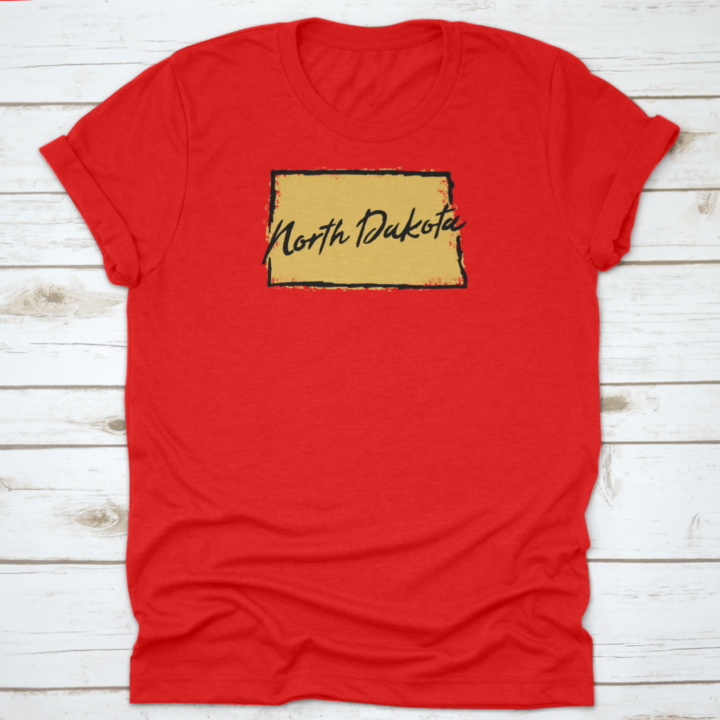 Hand drawn North Dakota state design t-shirt showcasing scenic landscapes, made from 100% cotton for comfort.