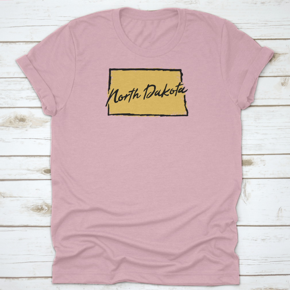 Hand drawn North Dakota state design t-shirt showcasing scenic landscapes, made from 100% cotton for comfort.