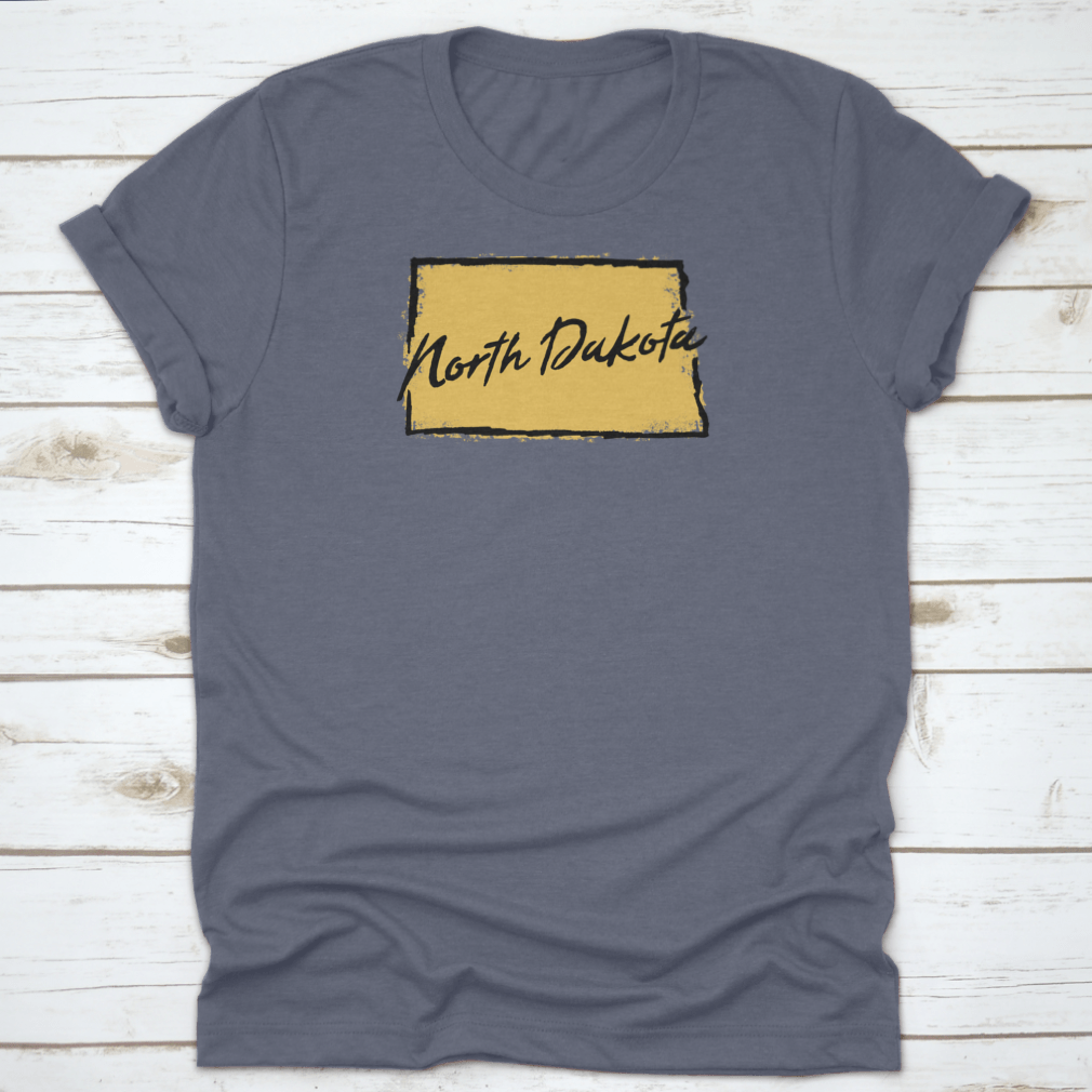 Hand drawn North Dakota state design t-shirt showcasing scenic landscapes, made from 100% cotton for comfort.