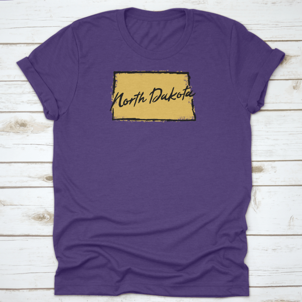 Hand drawn North Dakota state design t-shirt showcasing scenic landscapes, made from 100% cotton for comfort.