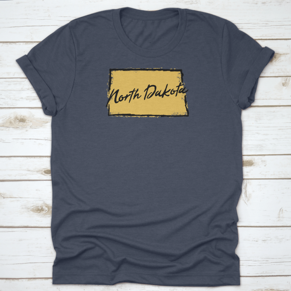 Hand drawn North Dakota state design t-shirt showcasing scenic landscapes, made from 100% cotton for comfort.
