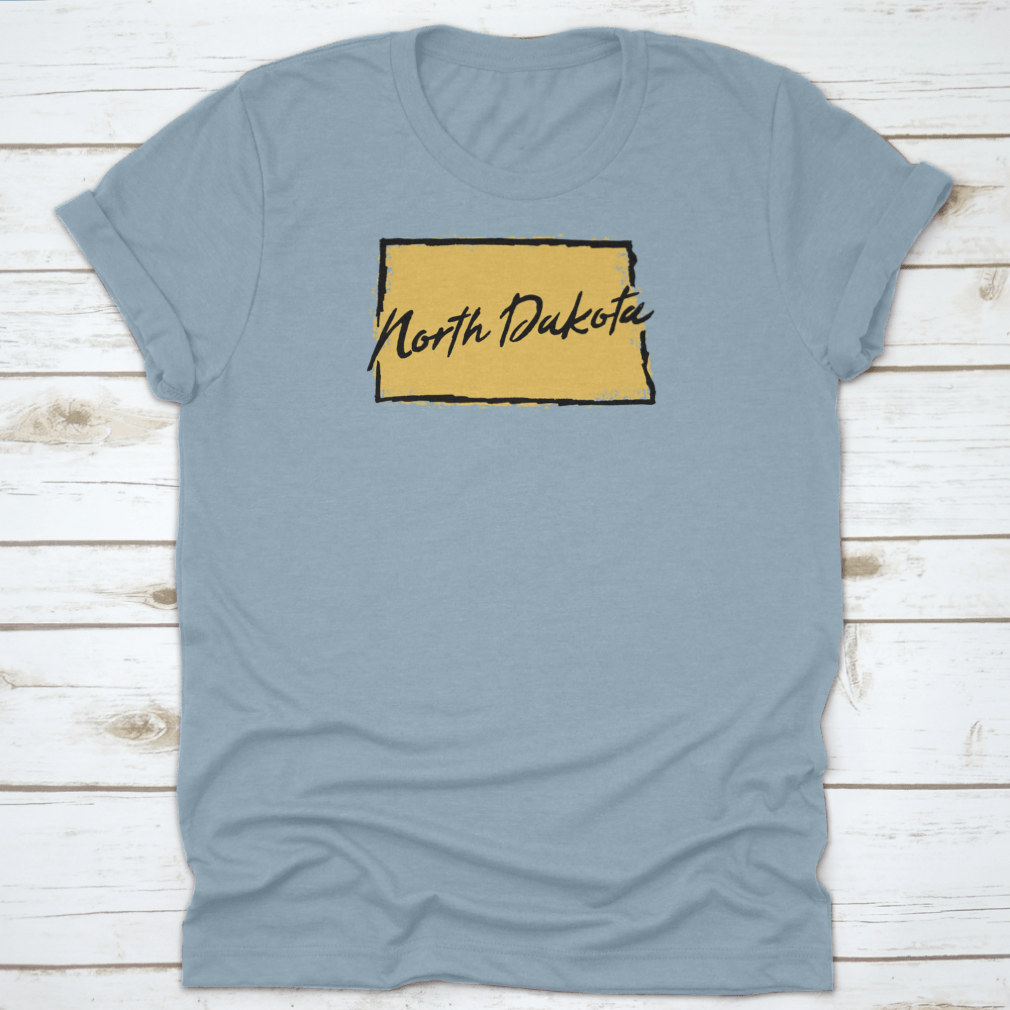 Hand drawn North Dakota state design t-shirt showcasing scenic landscapes, made from 100% cotton for comfort.