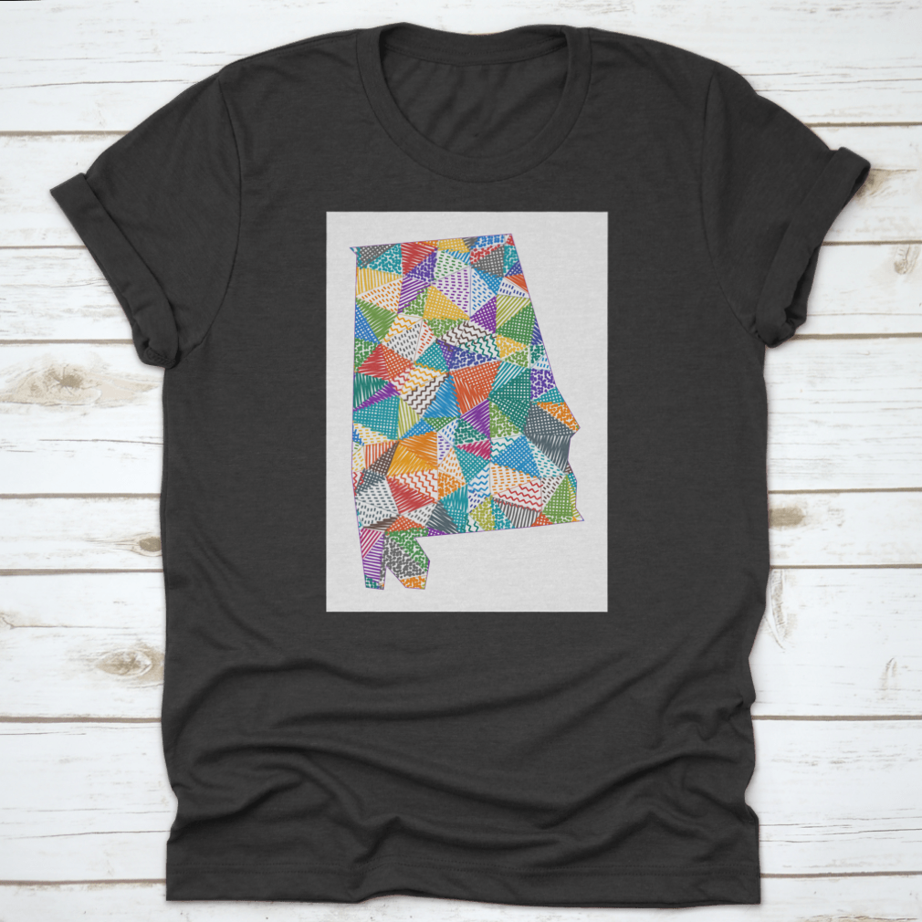 A colorful hand-drawn polygon map of Alabama designed for kids, showcasing various regions and landmarks in a playful style.