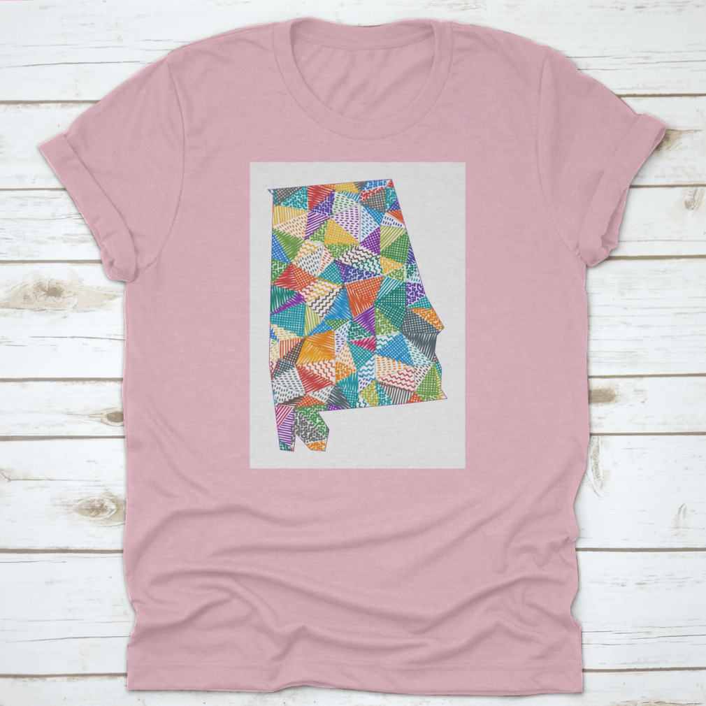 A colorful hand-drawn polygon map of Alabama designed for kids, showcasing various regions and landmarks in a playful style.