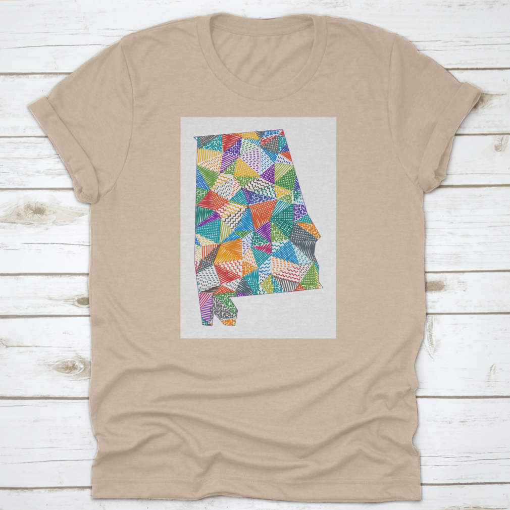 A colorful hand-drawn polygon map of Alabama designed for kids, showcasing various regions and landmarks in a playful style.