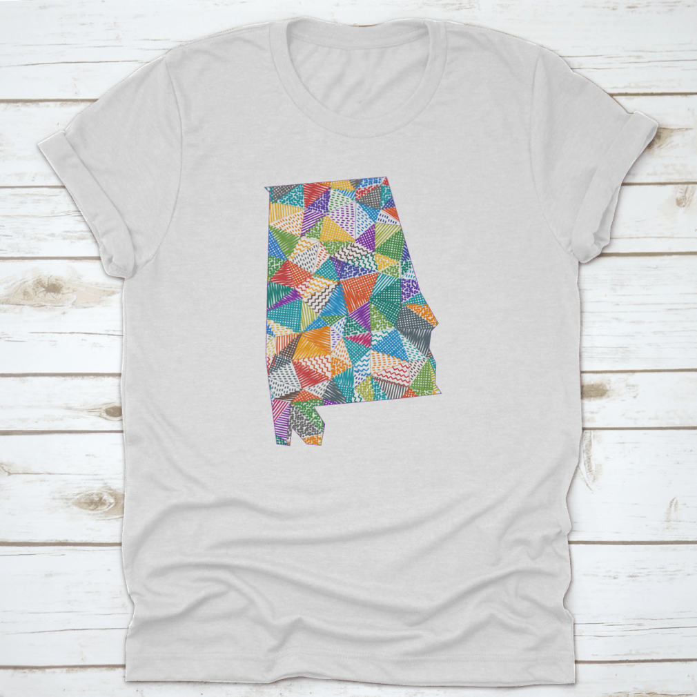 A colorful hand-drawn polygon map of Alabama designed for kids, showcasing various regions and landmarks in a playful style.