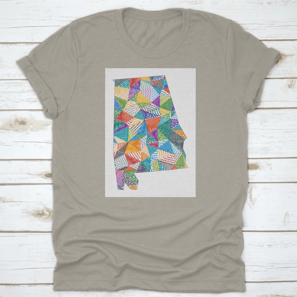 A colorful hand-drawn polygon map of Alabama designed for kids, showcasing various regions and landmarks in a playful style.