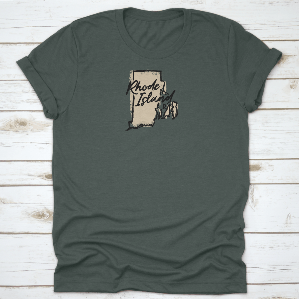 Hand drawn Rhode Island state vector graphic print design on a comfortable t-shirt, showcasing a unique artistic representation of the state.