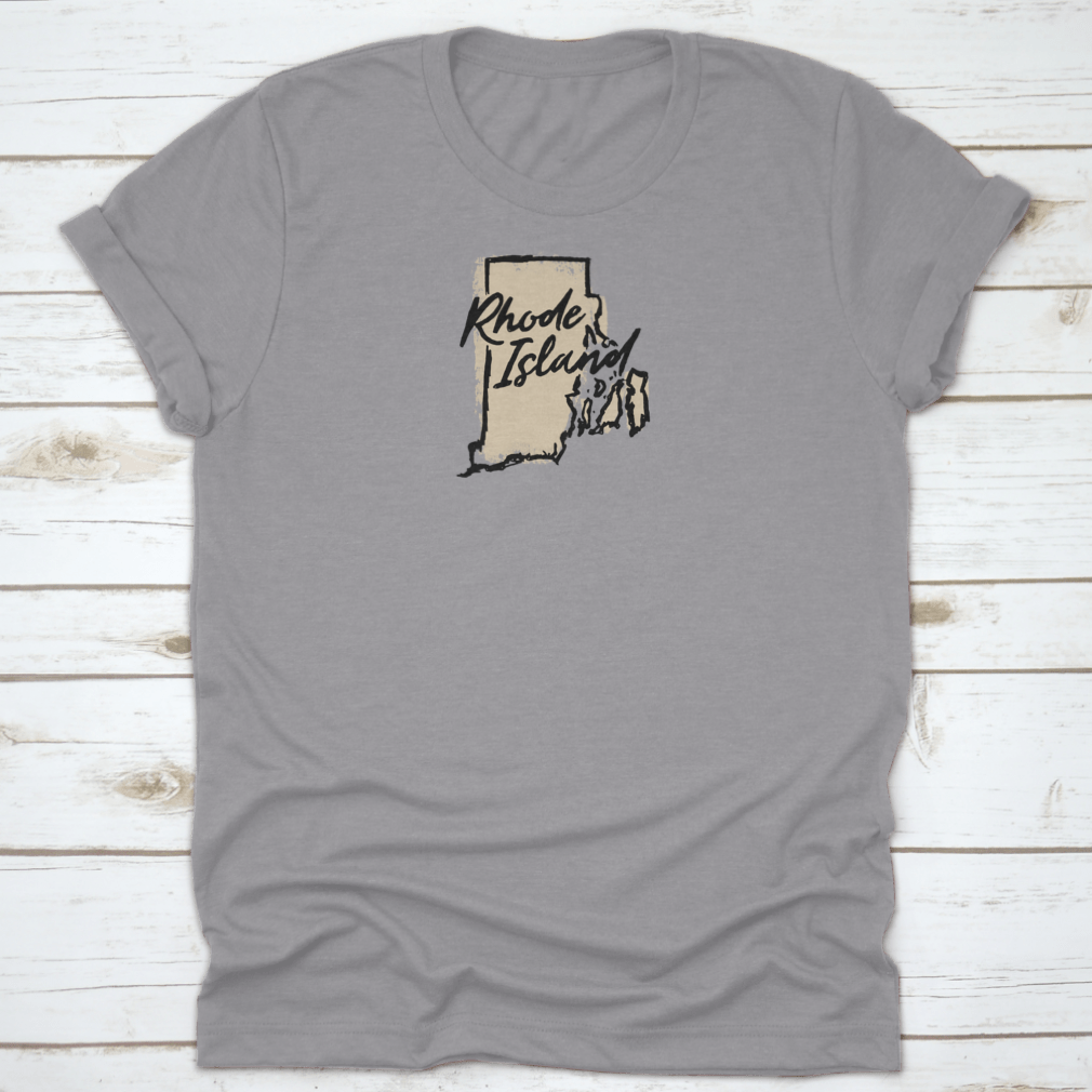 Hand drawn Rhode Island state vector graphic print design on a comfortable t-shirt, showcasing a unique artistic representation of the state.