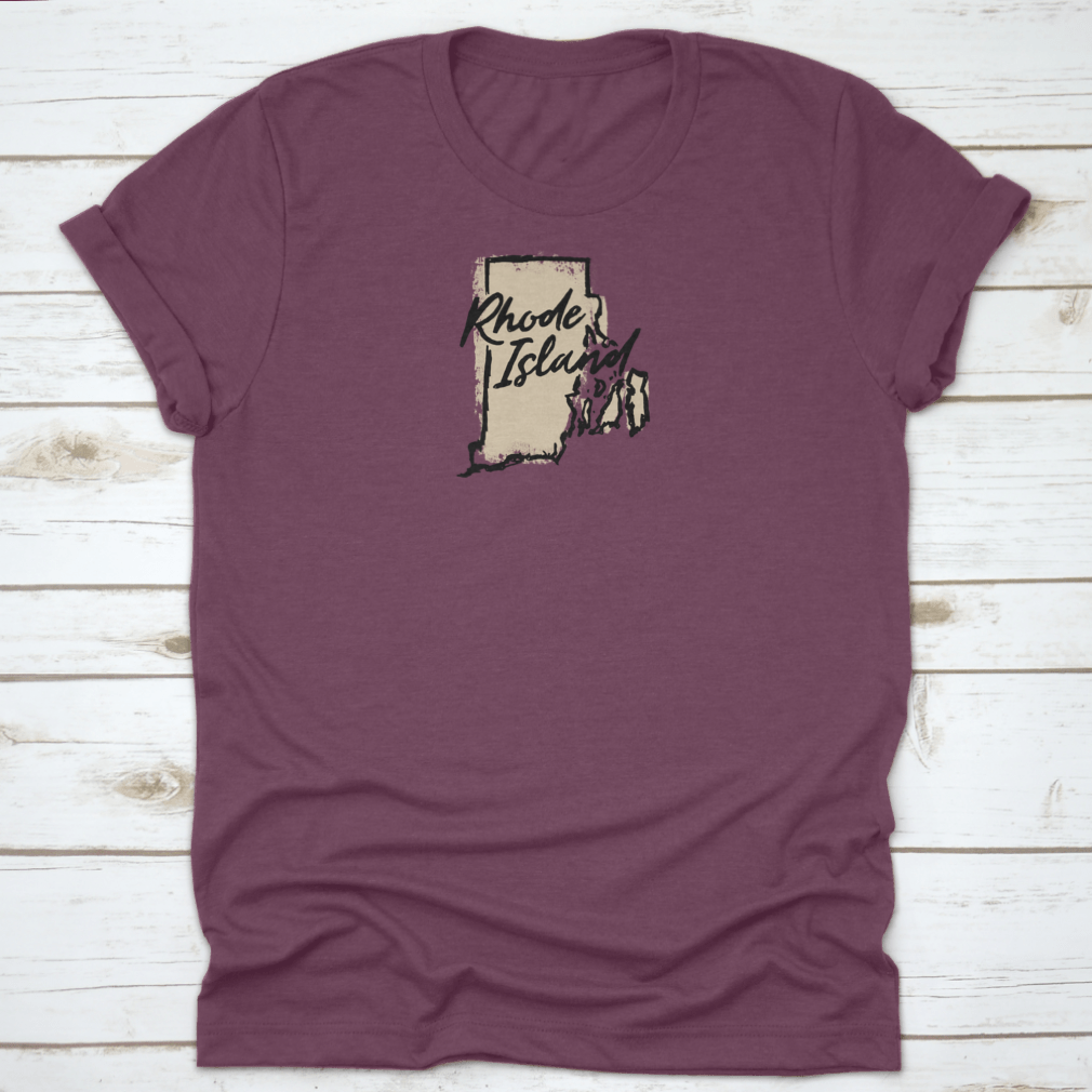 Hand drawn Rhode Island state vector graphic print design on a comfortable t-shirt, showcasing a unique artistic representation of the state.
