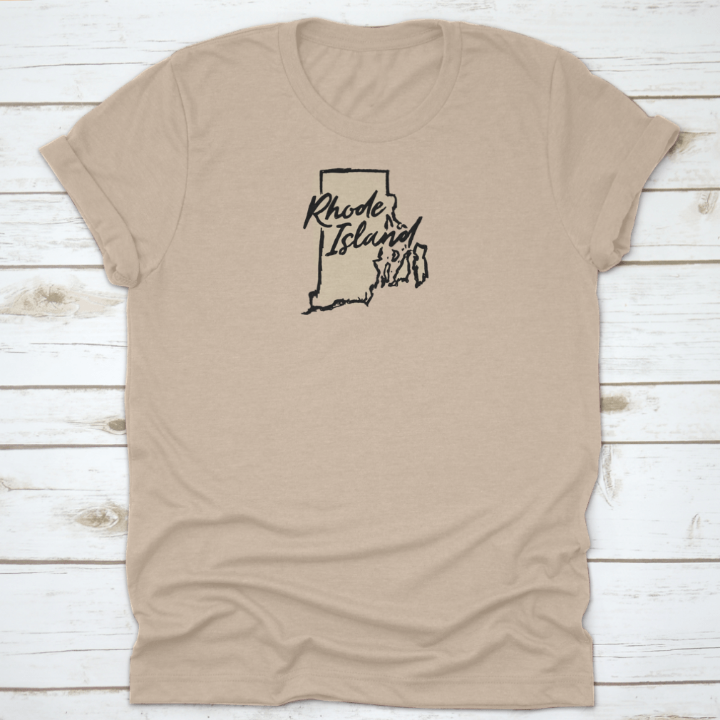 Hand drawn Rhode Island state vector graphic print design on a comfortable t-shirt, showcasing a unique artistic representation of the state.