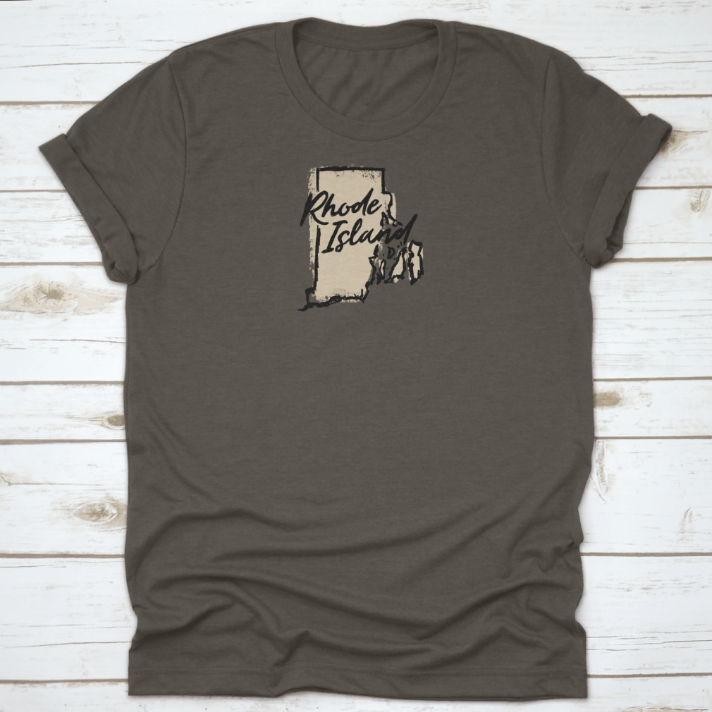 Hand drawn Rhode Island state vector graphic print design on a comfortable t-shirt, showcasing a unique artistic representation of the state.