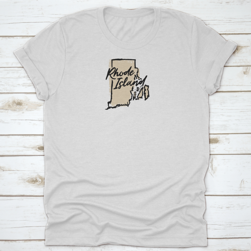 Hand drawn Rhode Island state vector graphic print design on a comfortable t-shirt, showcasing a unique artistic representation of the state.