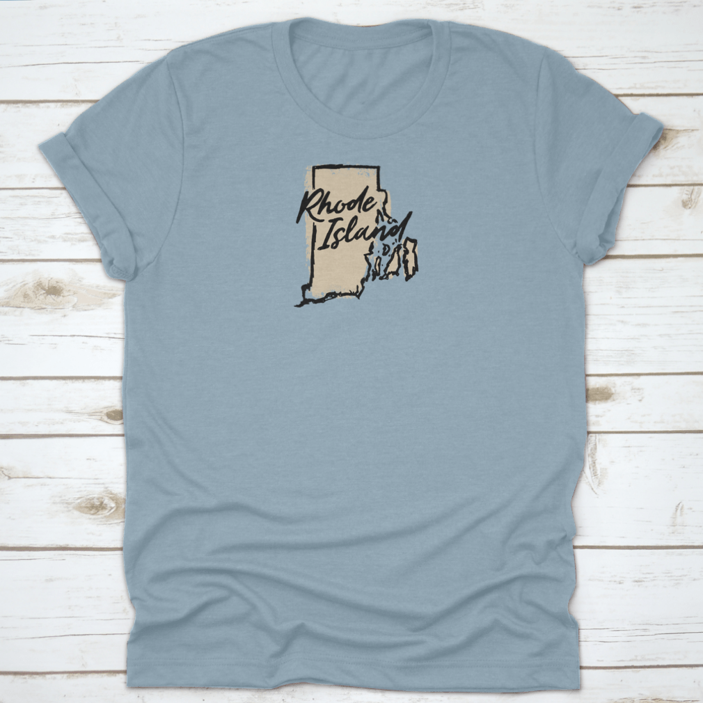 Hand drawn Rhode Island state vector graphic print design on a comfortable t-shirt, showcasing a unique artistic representation of the state.