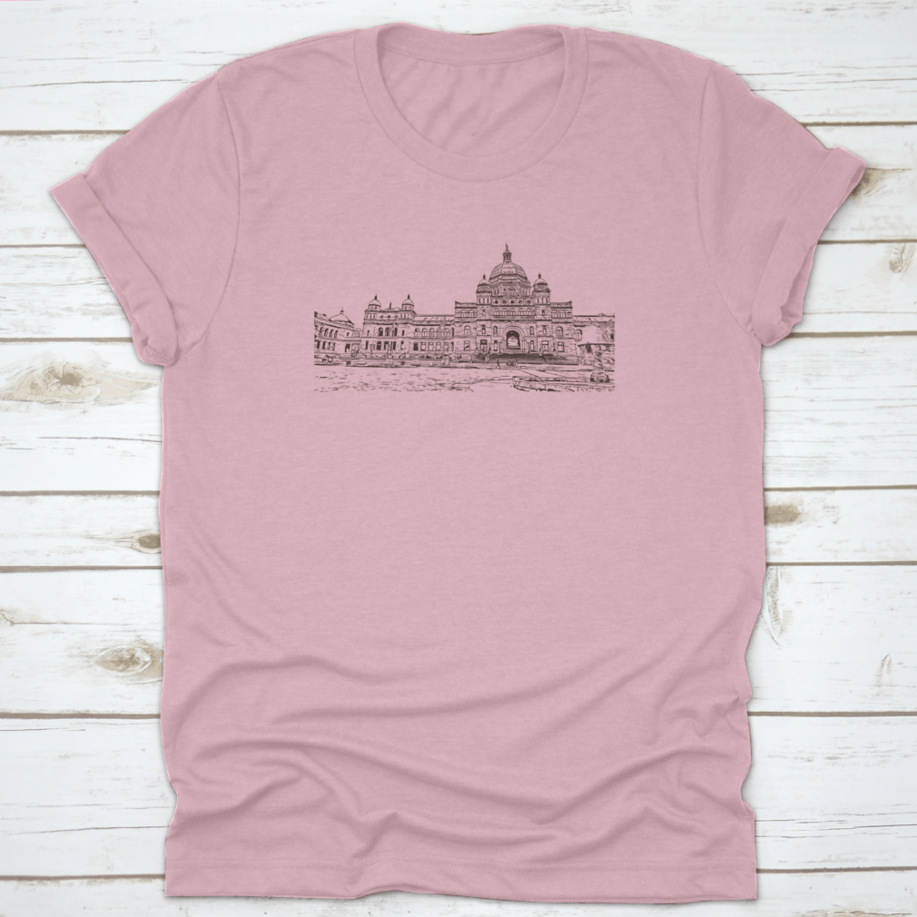Hand drawn sketch of downtown Victoria's iconic buildings on a cotton t-shirt, showcasing artistic design and quality fabric.