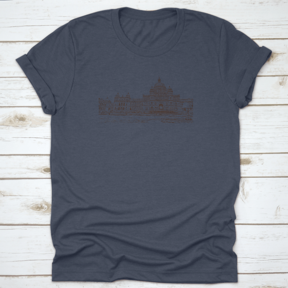 Hand drawn sketch of downtown Victoria's iconic buildings on a cotton t-shirt, showcasing artistic design and quality fabric.