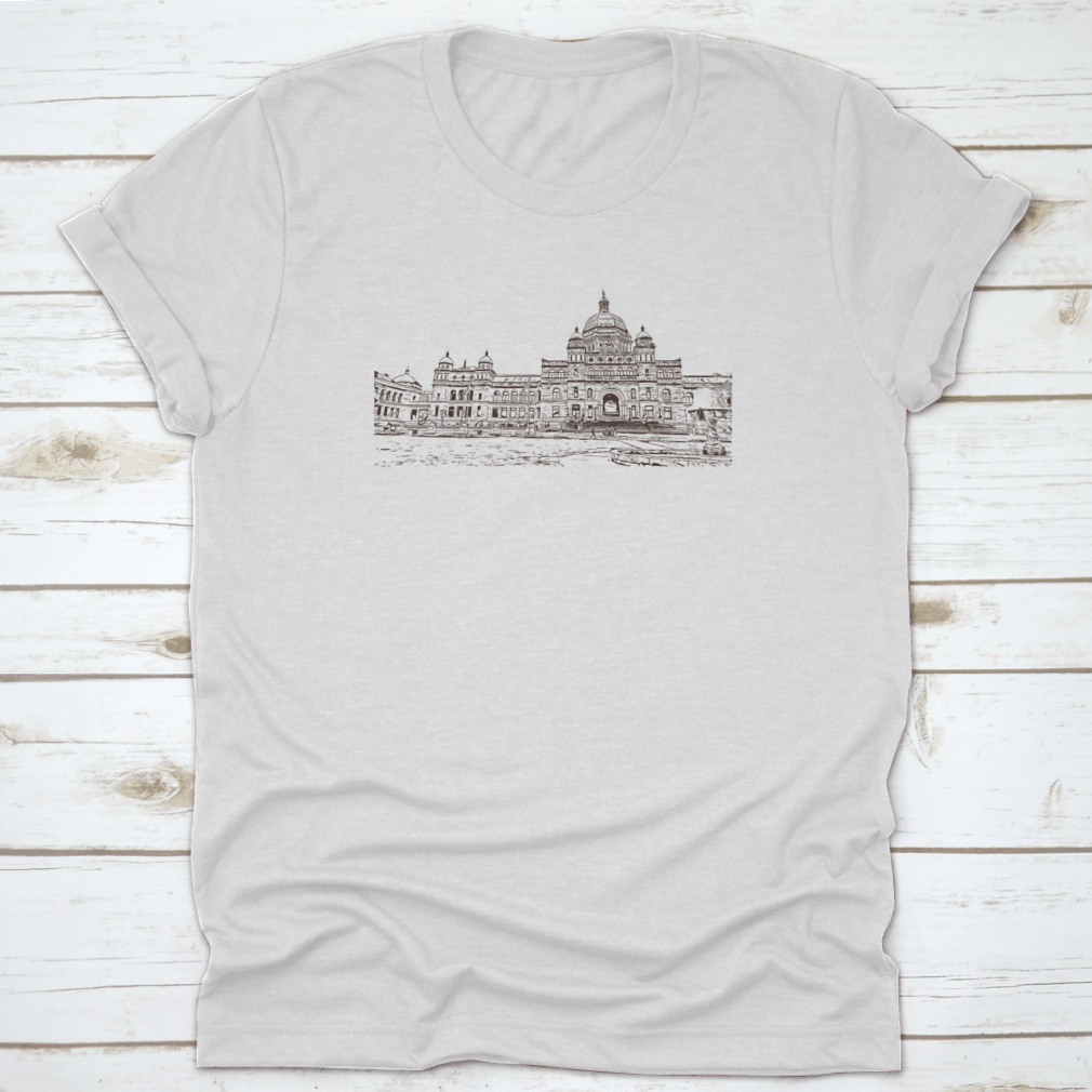 Hand drawn sketch of downtown Victoria's iconic buildings on a cotton t-shirt, showcasing artistic design and quality fabric.