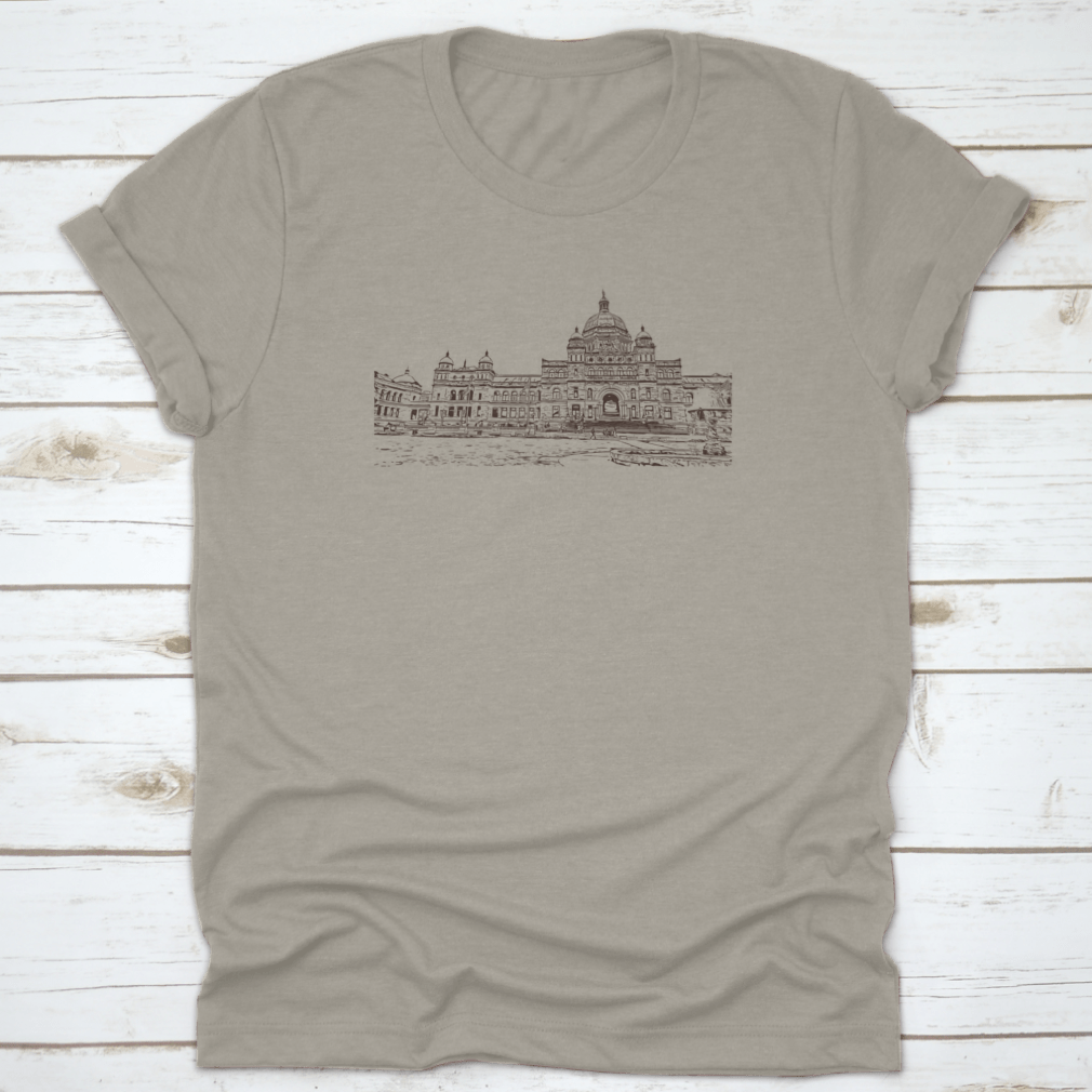 Hand drawn sketch of downtown Victoria's iconic buildings on a cotton t-shirt, showcasing artistic design and quality fabric.