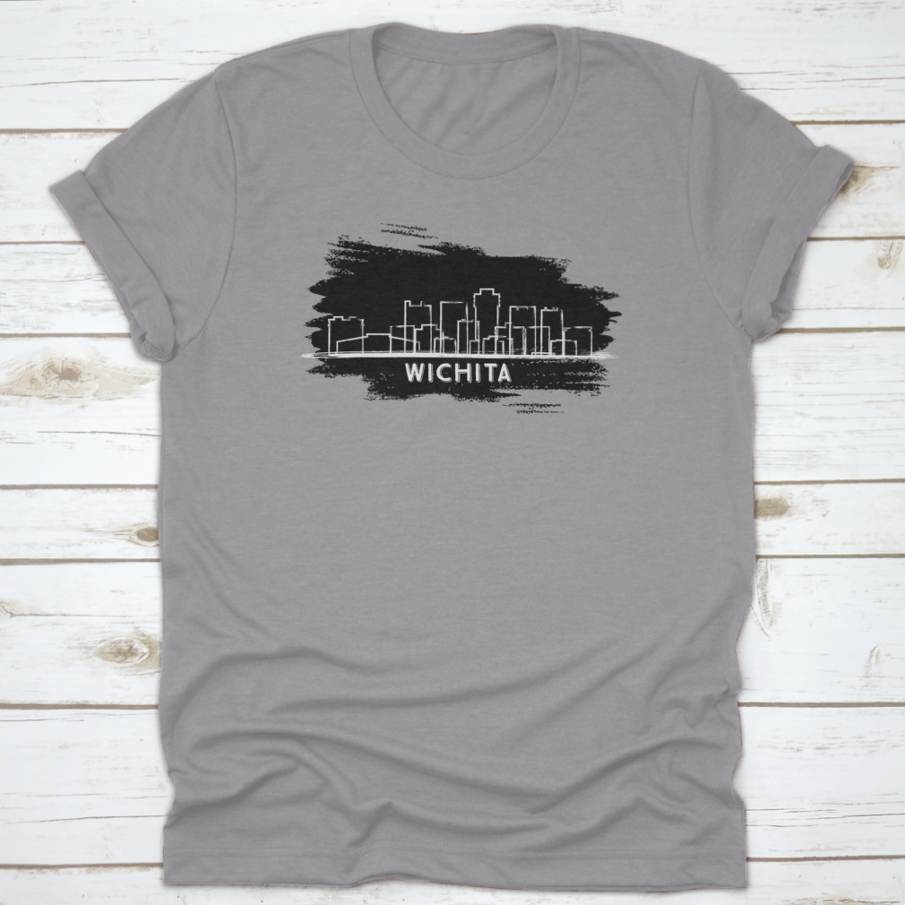 Hand drawn sketch of Wichita Kansas City skyline silhouette on a stylish cotton t-shirt, showcasing the city's iconic buildings.