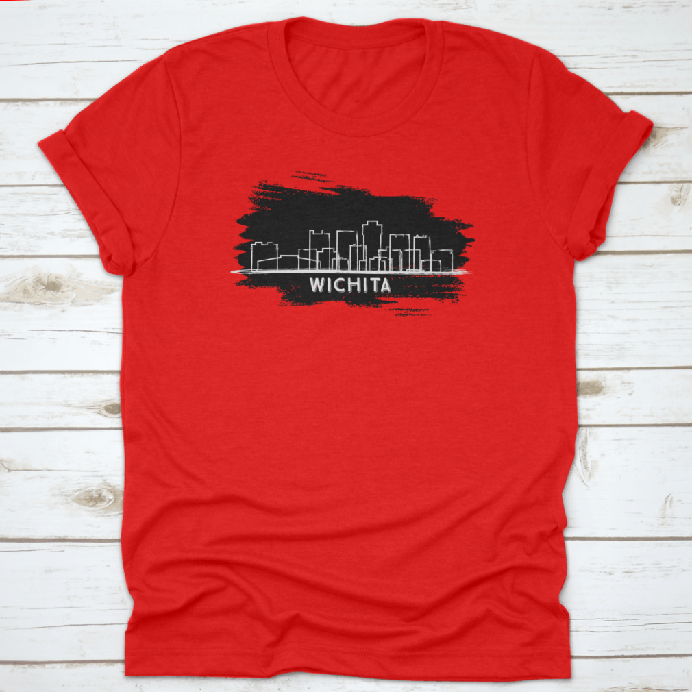 Hand drawn sketch of Wichita Kansas City skyline silhouette on a stylish cotton t-shirt, showcasing the city's iconic buildings.