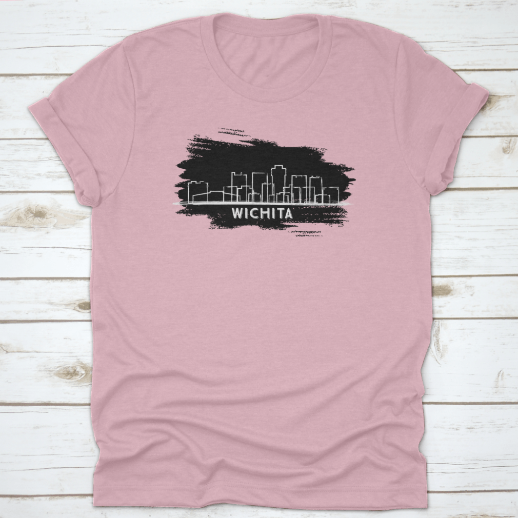 Hand drawn sketch of Wichita Kansas City skyline silhouette on a stylish cotton t-shirt, showcasing the city's iconic buildings.