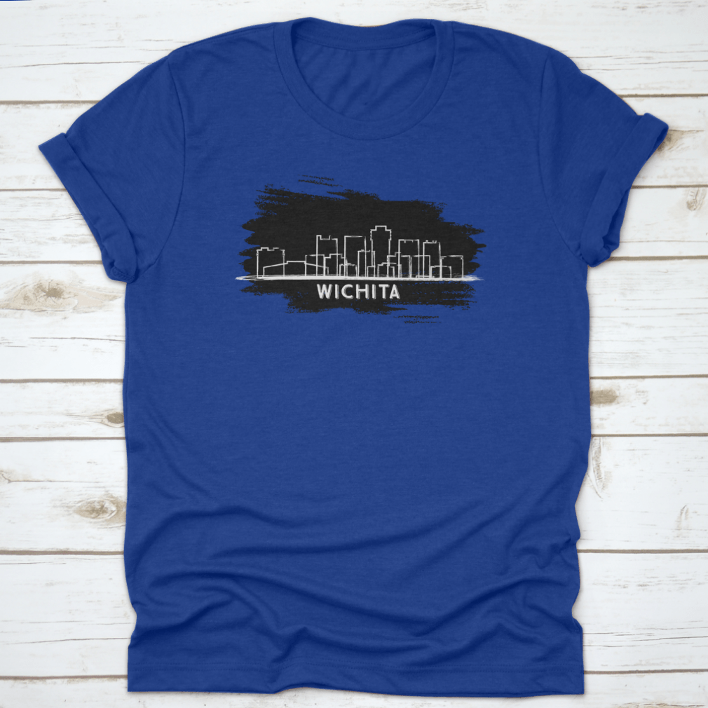 Hand drawn sketch of Wichita Kansas City skyline silhouette on a stylish cotton t-shirt, showcasing the city's iconic buildings.