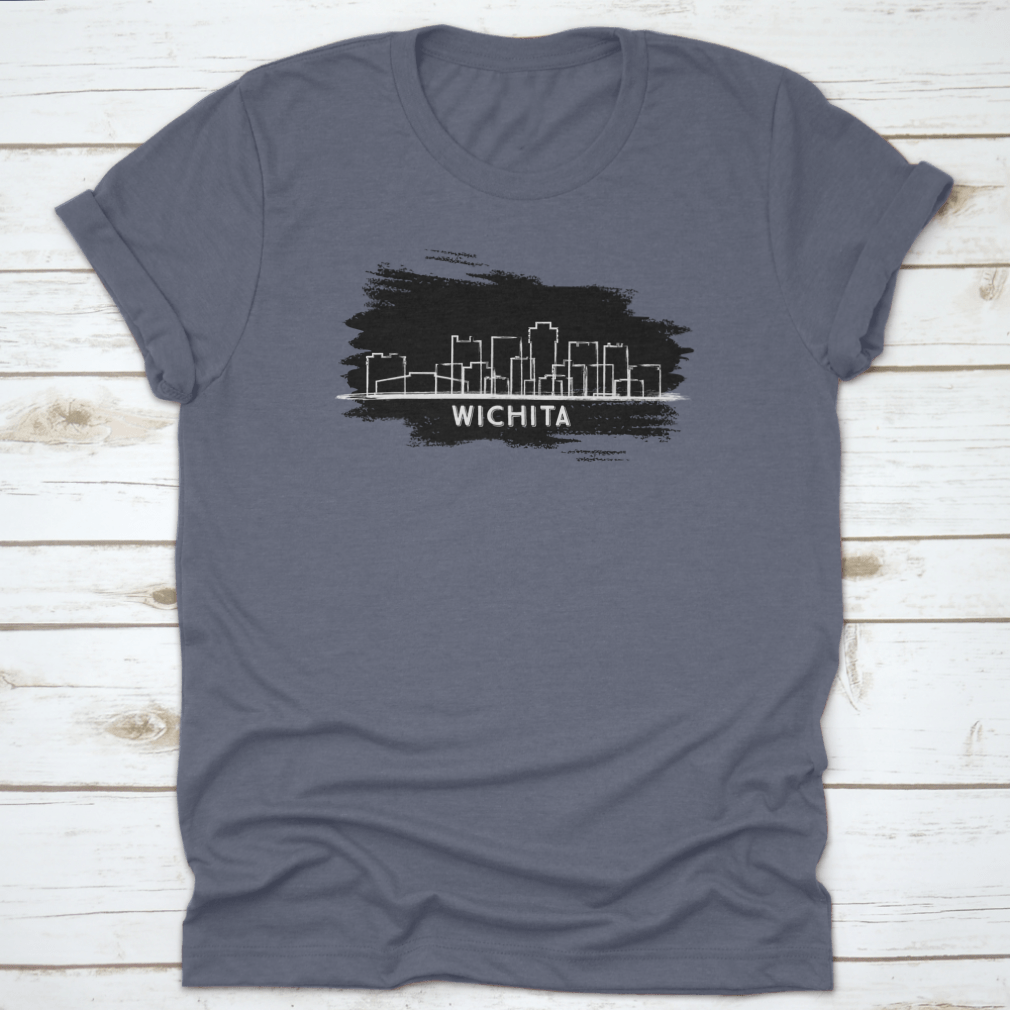 Hand drawn sketch of Wichita Kansas City skyline silhouette on a stylish cotton t-shirt, showcasing the city's iconic buildings.
