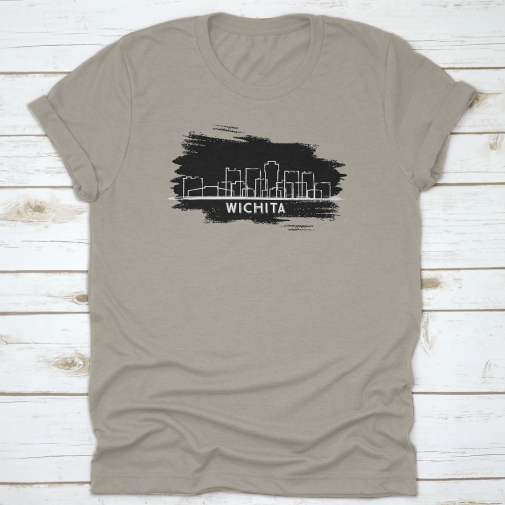 Hand drawn sketch of Wichita Kansas City skyline silhouette on a stylish cotton t-shirt, showcasing the city's iconic buildings.